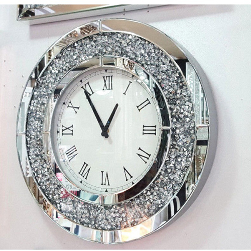 luxury silver sparkle mirrored floating crystal diamond crushed wall clock