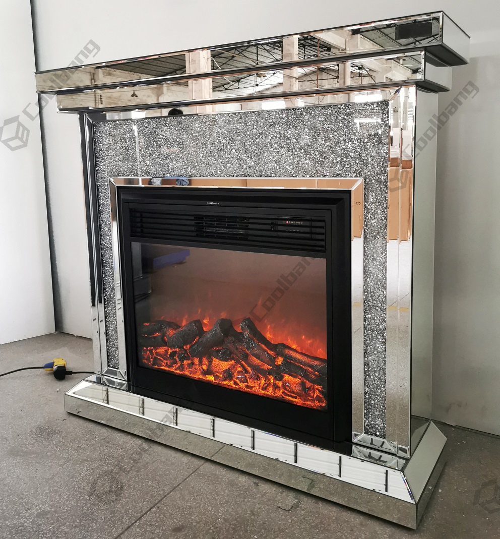 Luxury Mirrored crushed diamond crystal MDF led fireplace surround