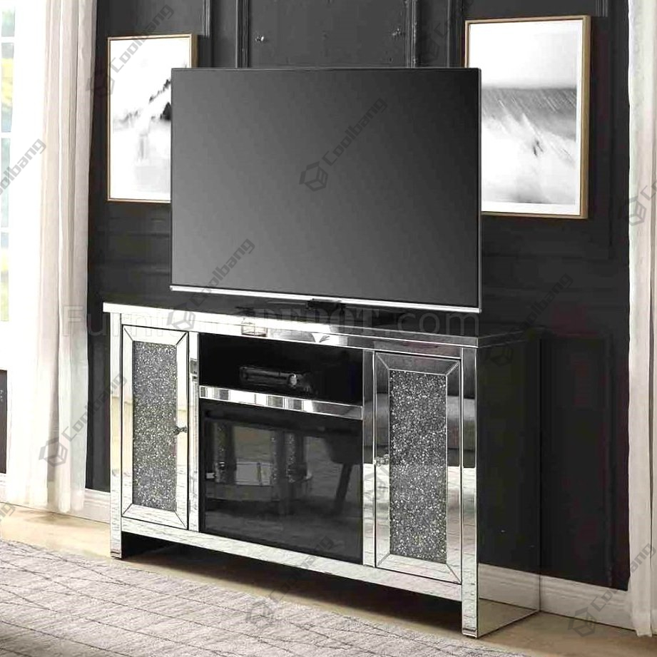 Mirrored Furniture Crushed Diamond TV Stand with Fireplace