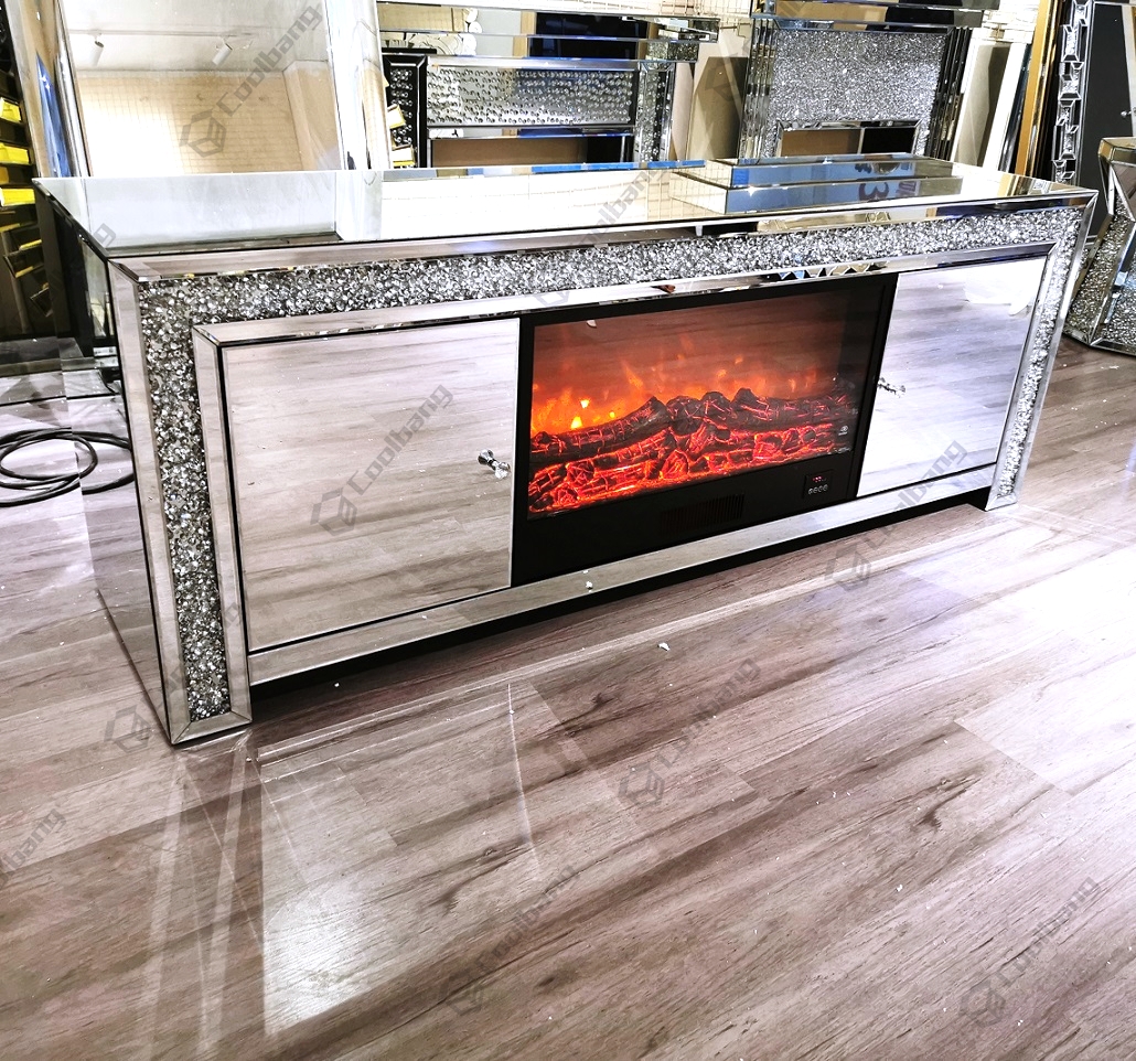Mirrored Furniture Crushed Diamond TV Stand with Fireplace